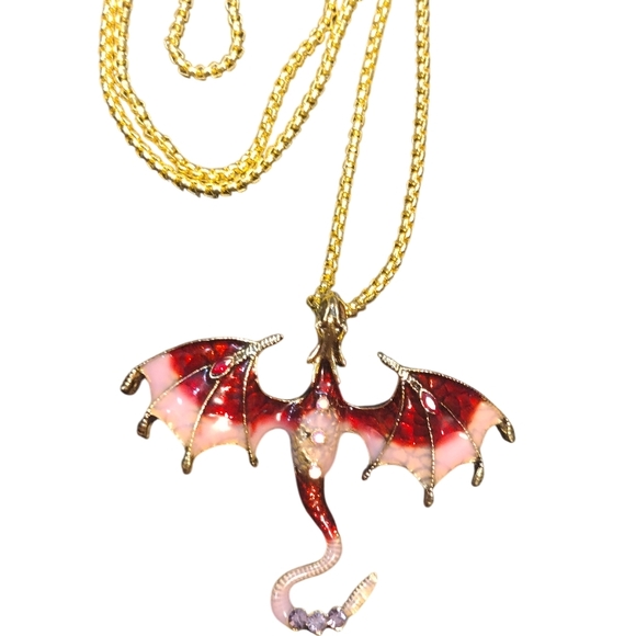 Dragon Pendant Necklace with Red, Pink and Gold Accents - Picture 1 of 9